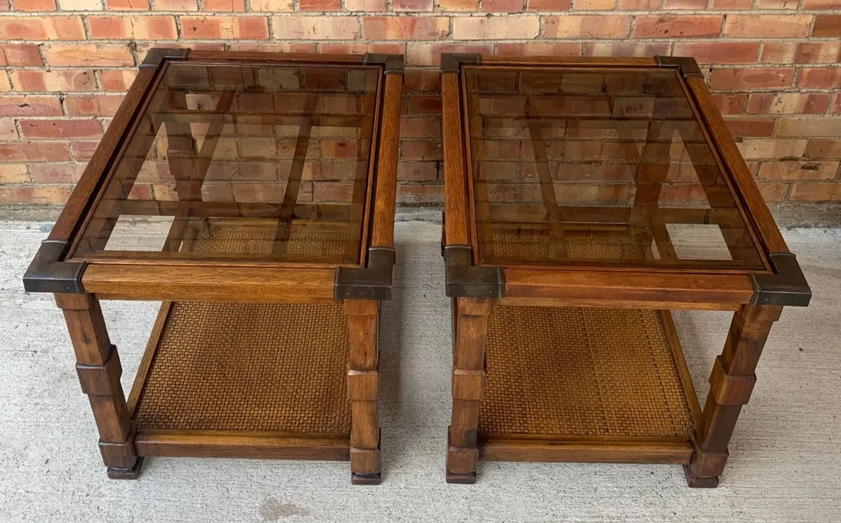 Pair Of Modern Cane Bottom Smokey Glass Top End Tables 1