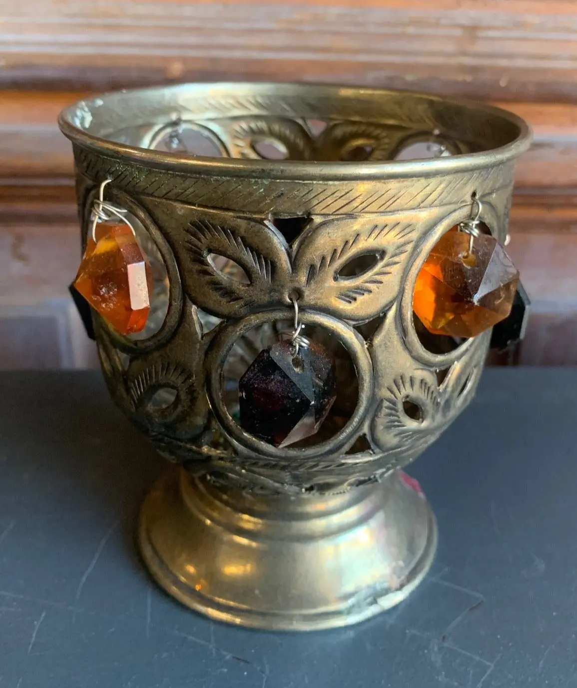 Large Reticulated Brass Indian Chalise With Prisms 1