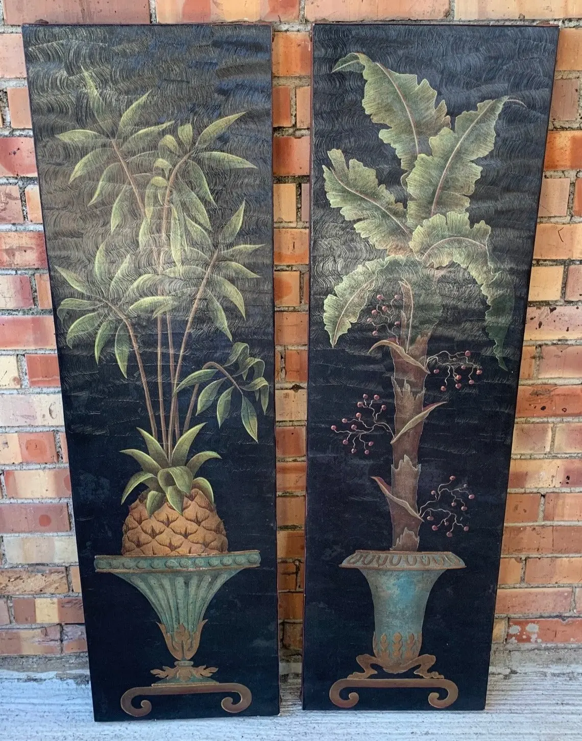 Pair Of Vertical Paintings Of Palm And Pineapple 1