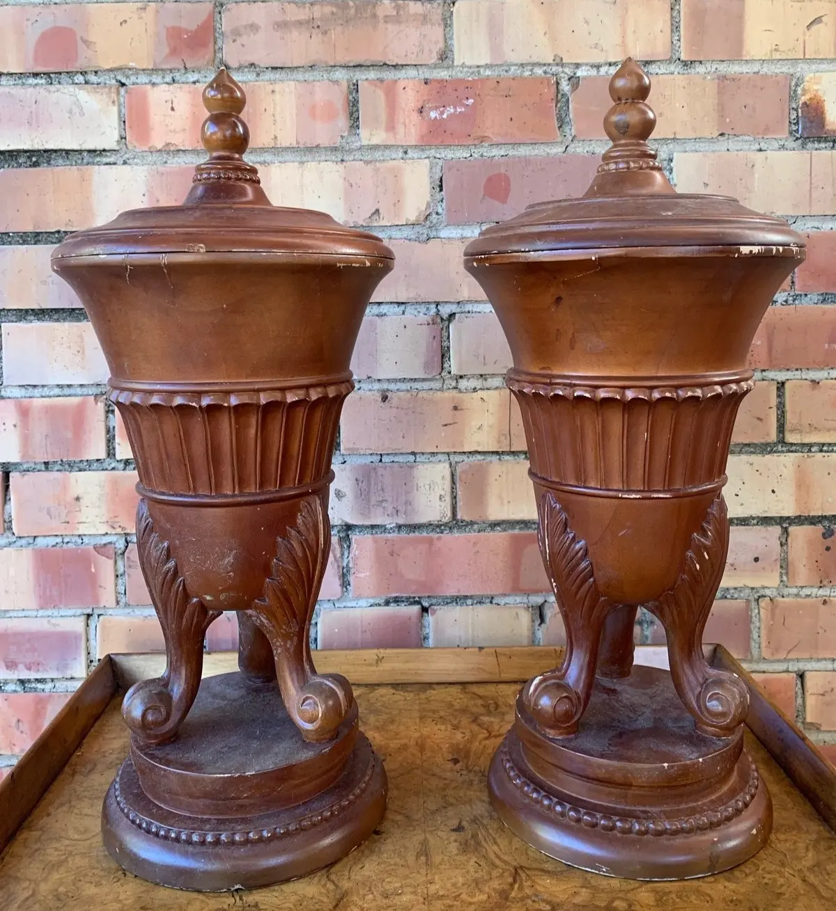 Pair Of 1980'S Lidded Wood Urns 1