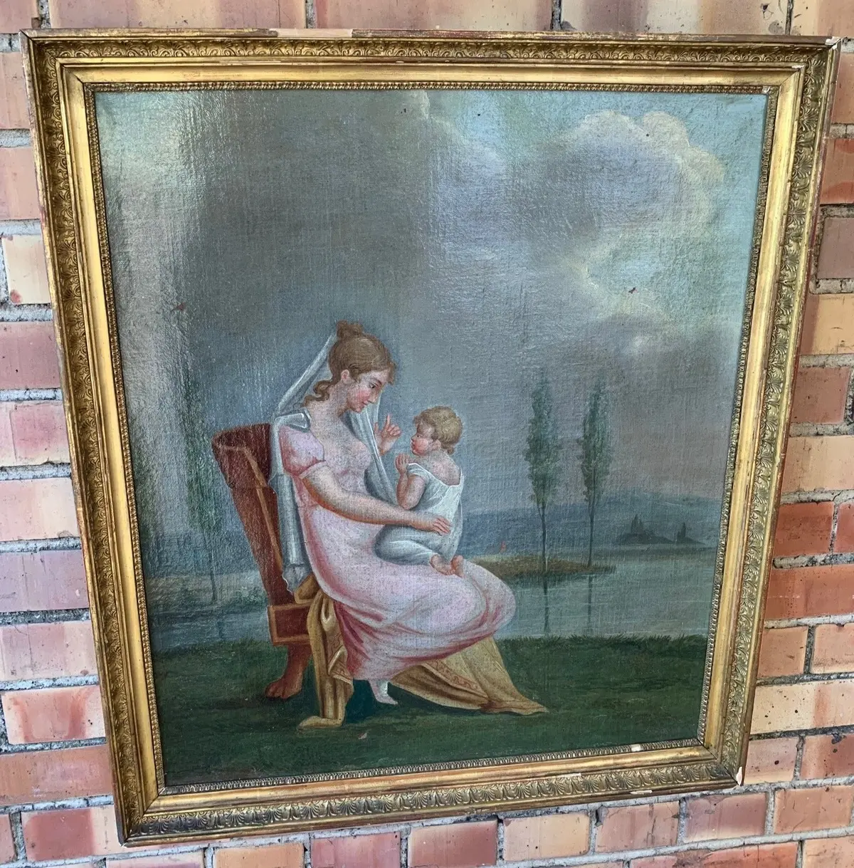 Early 19Th C. Oil Painting On Canvas Of Woman And Child 1