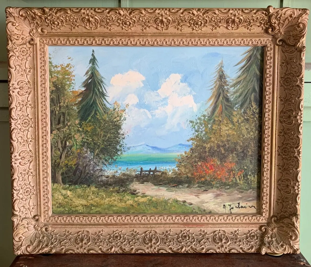 Primitive Oil Painting Landscape With Conifers In Ornate Large Frame 1