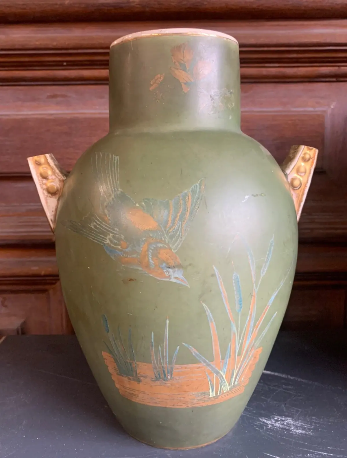 English Late 19Th Century Green Vase With Bird 1