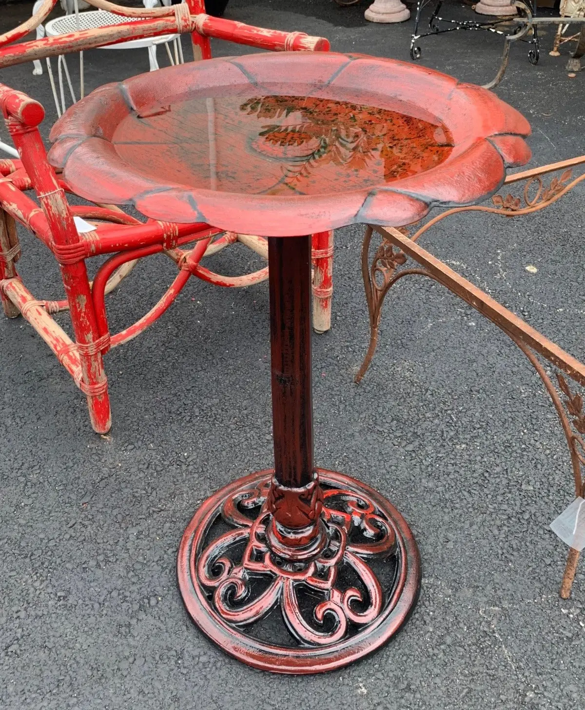 Red Iron Bird Bath 1
