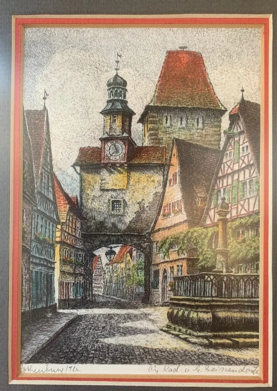 Signed  Print Of European Village Road With Clock Tower 1