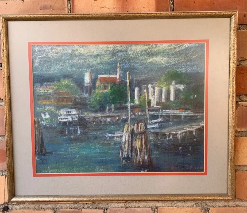 Impressionist Pastel Of A Harbor Signed R. Shook 1