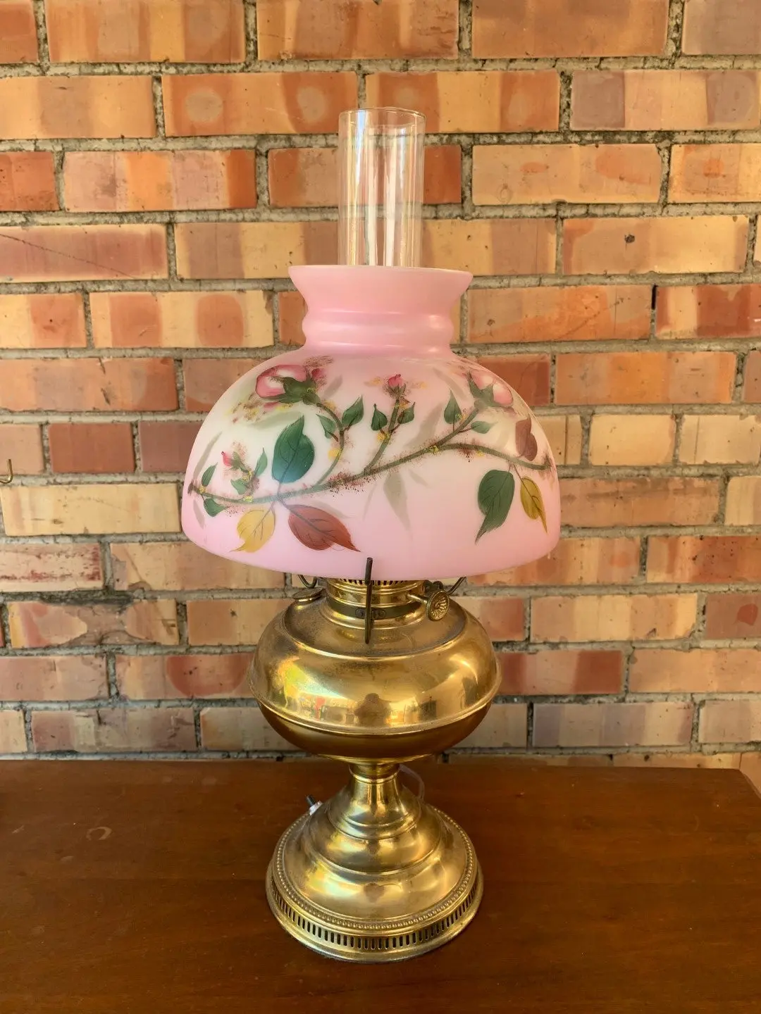 Electrified Brass Oil Lamp With Floral Shade 1