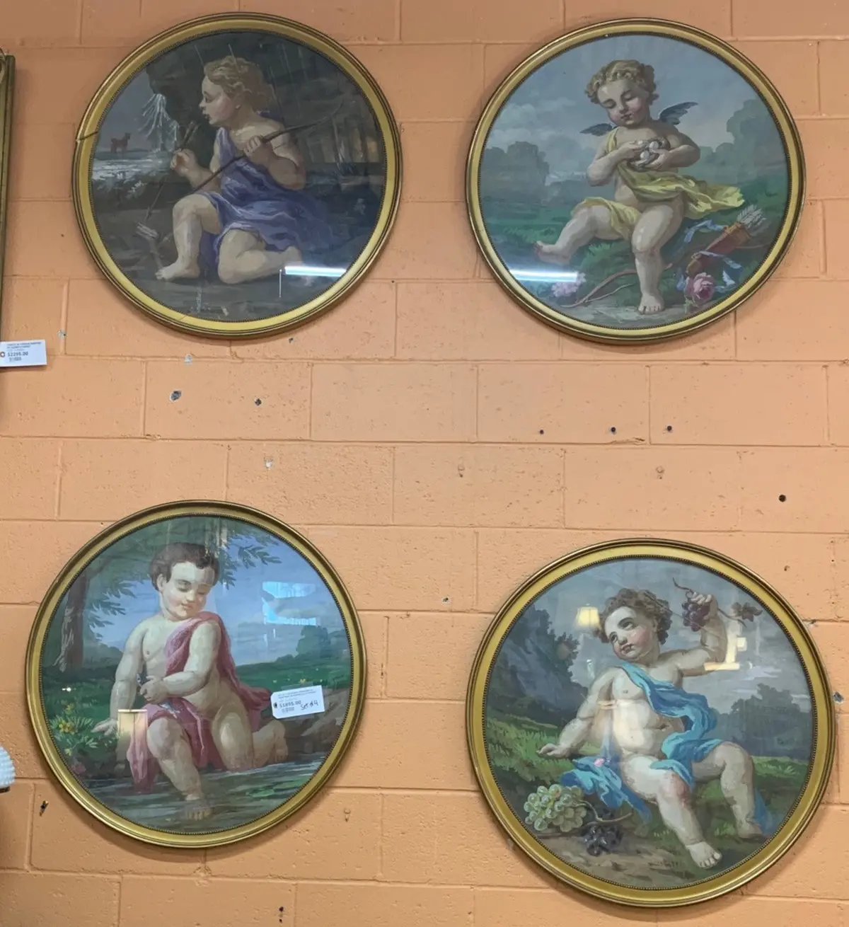 Set Of 4 Seasons Cherubim Oil Paintings In Round Gold Frames 1