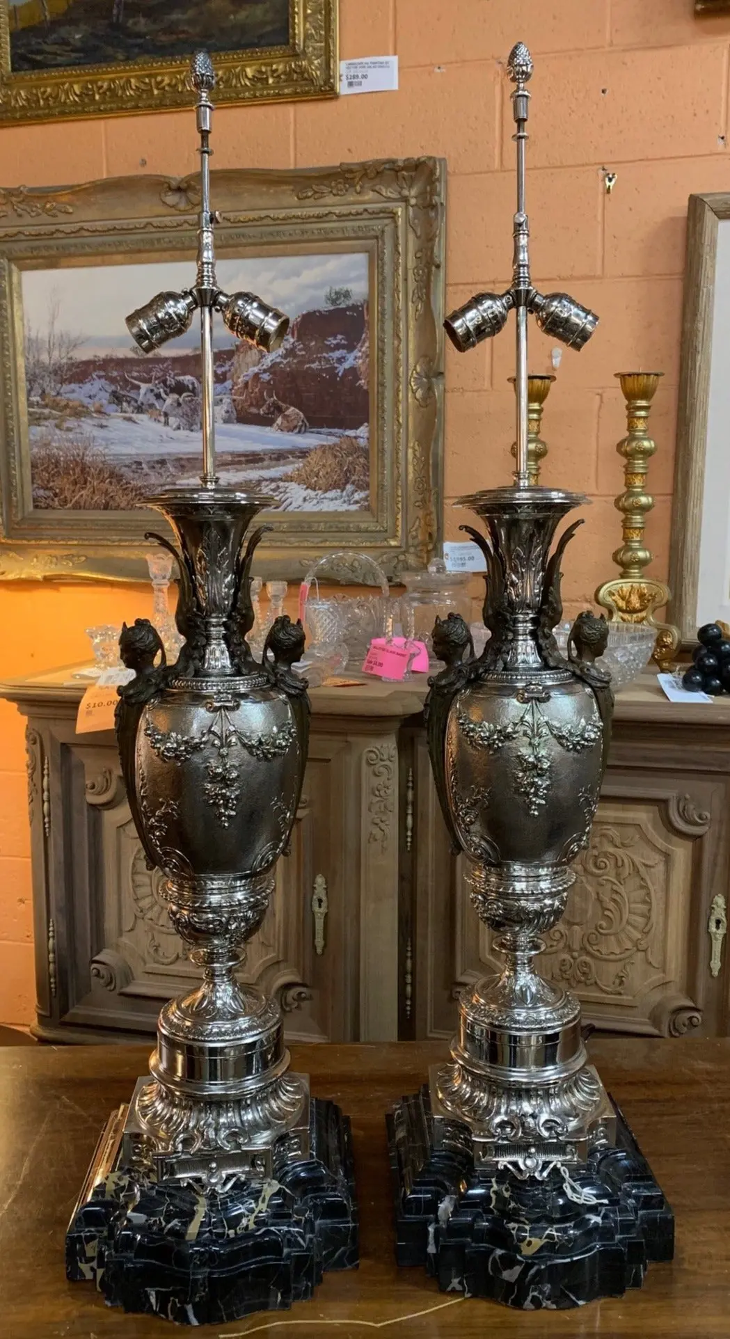 Pair Of Silver, Marble, And Bronze Figural Lamps 1
