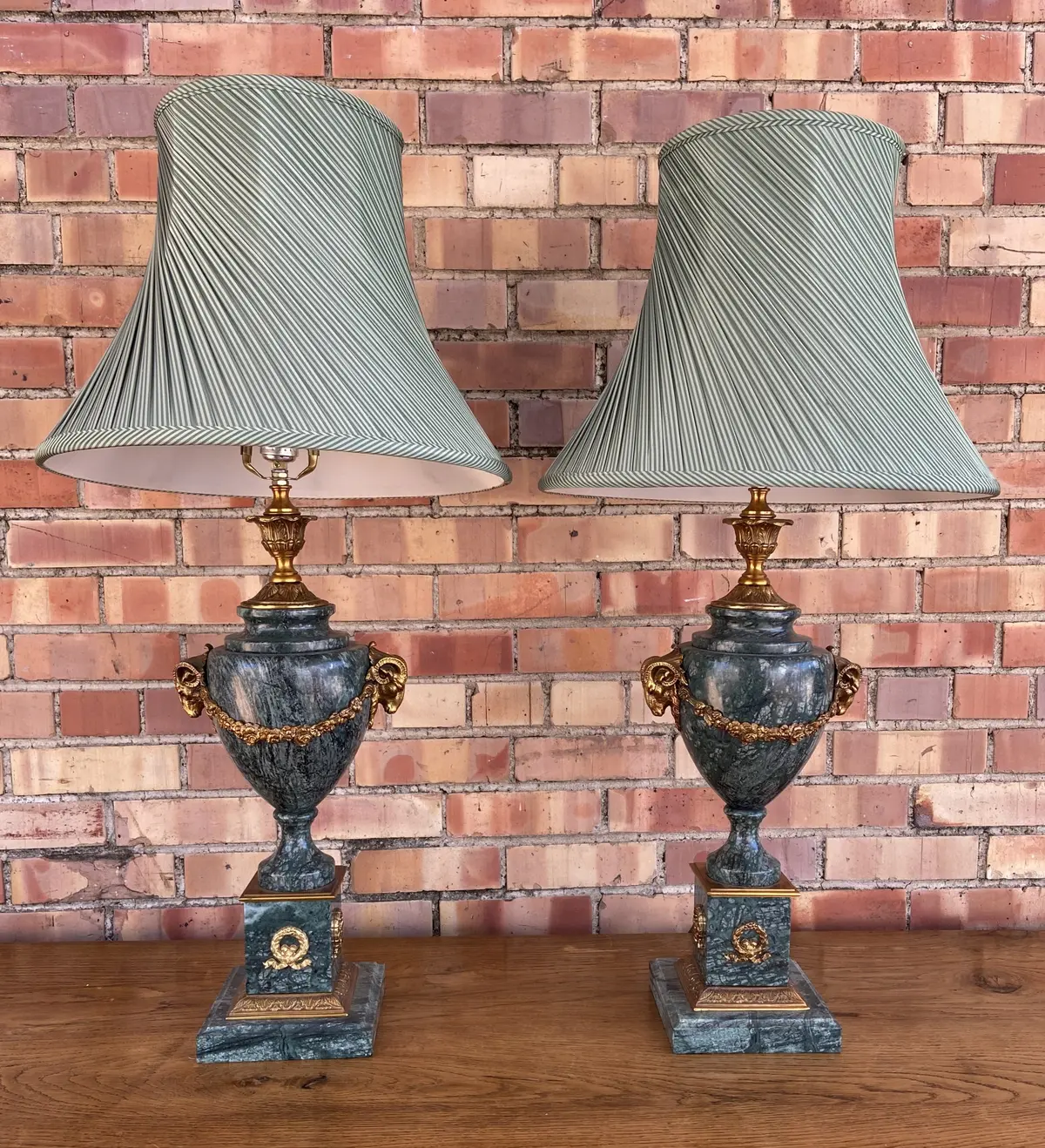 Pair Of Green Empire Rams Head Marble Lamps 1