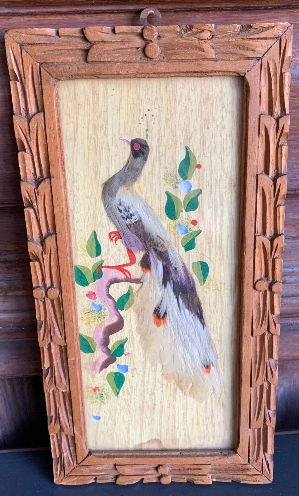 Mexican Painting Of Bird With Feathers In Carved Frame 1