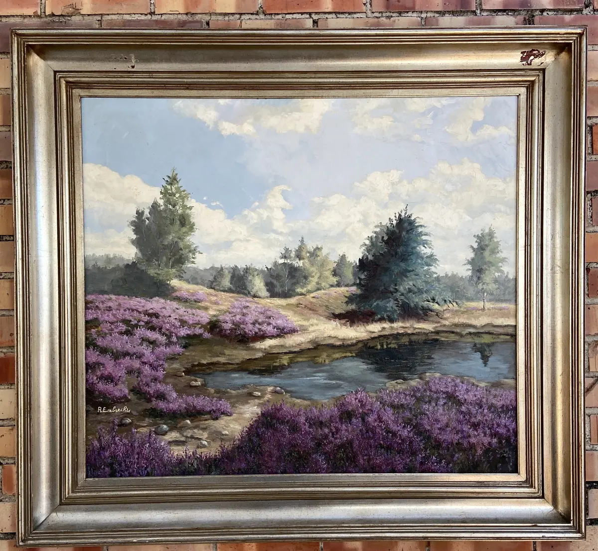 Large Square Painting Of Pond With Lavender Flowers 1