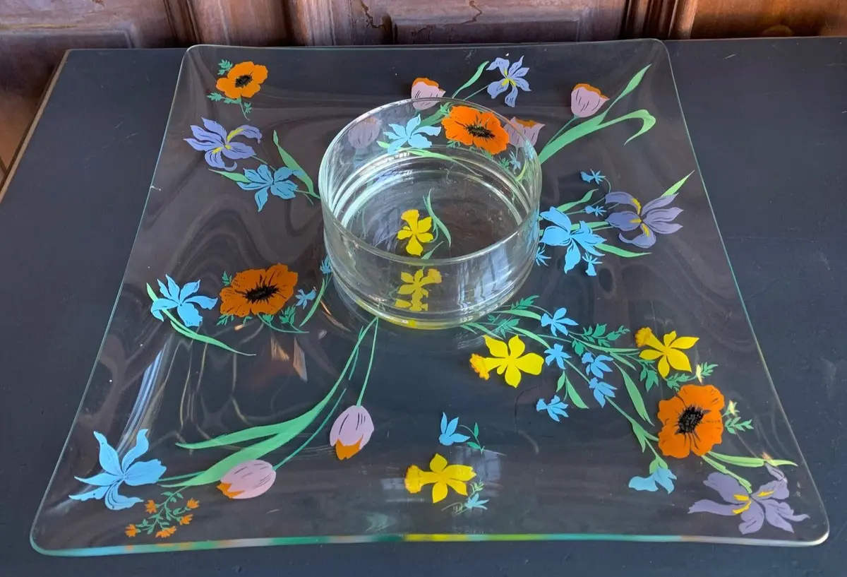 Floral Clear Glass Square Tray With Bowl 1