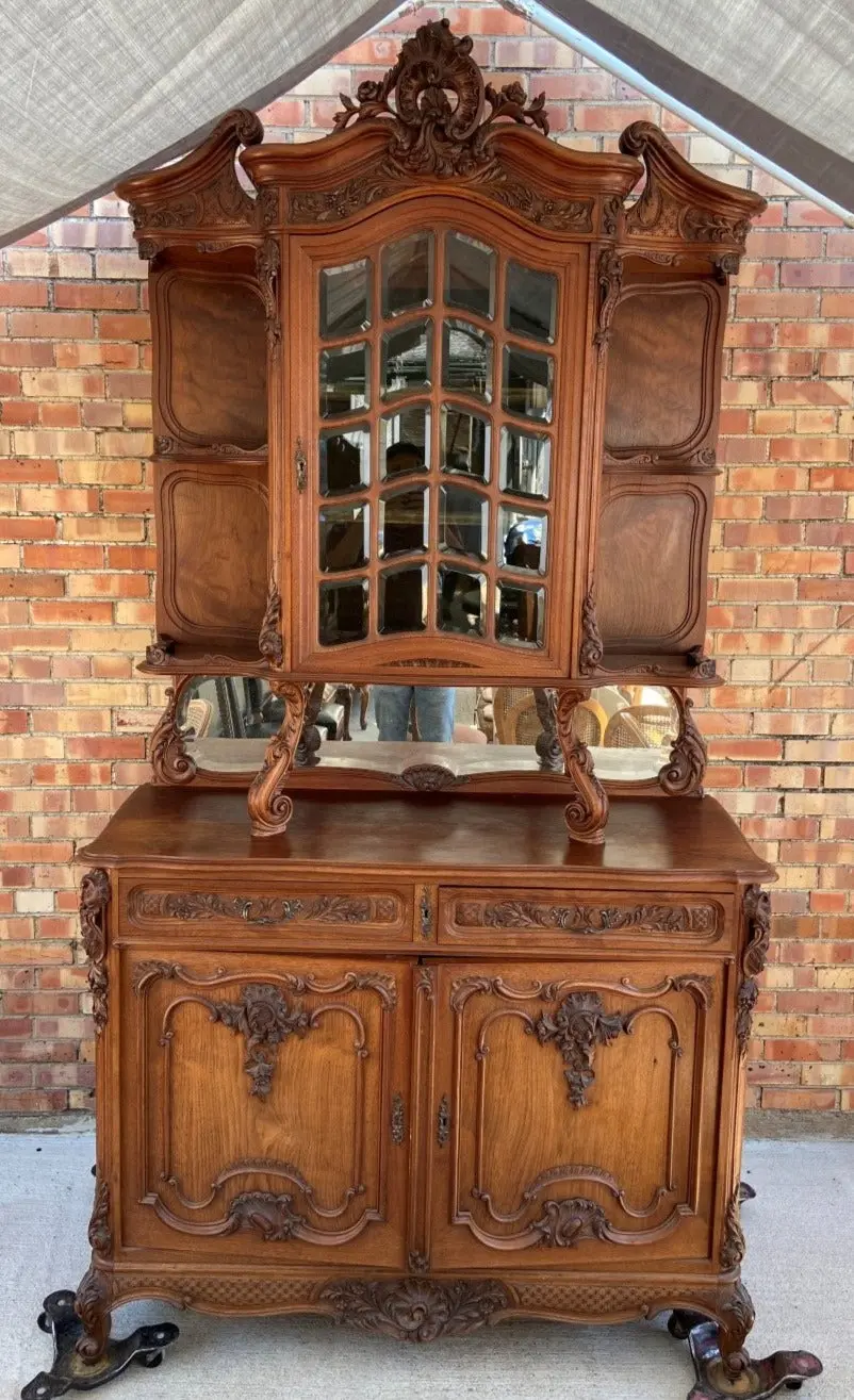 Louis Lxv Carved Walnut 2-Piece Sideboard With Beveled Glass 1