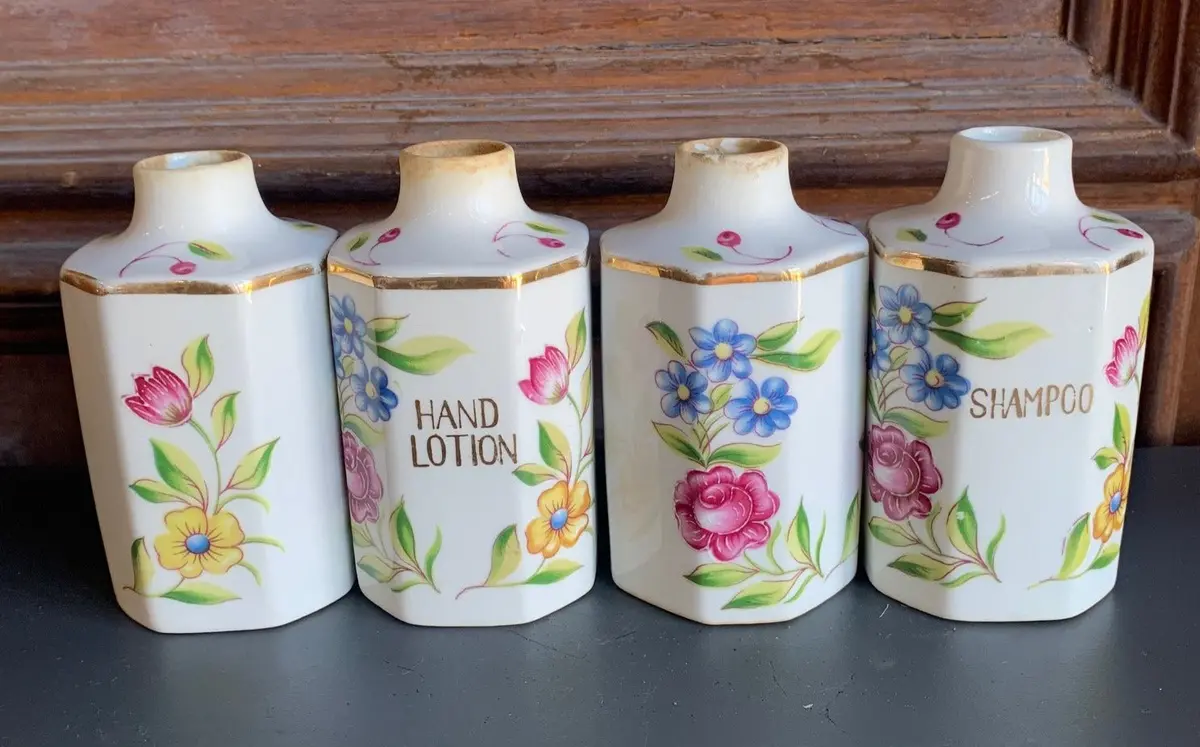 Set Of 4 Floral Porcelain Bath Bottles 1