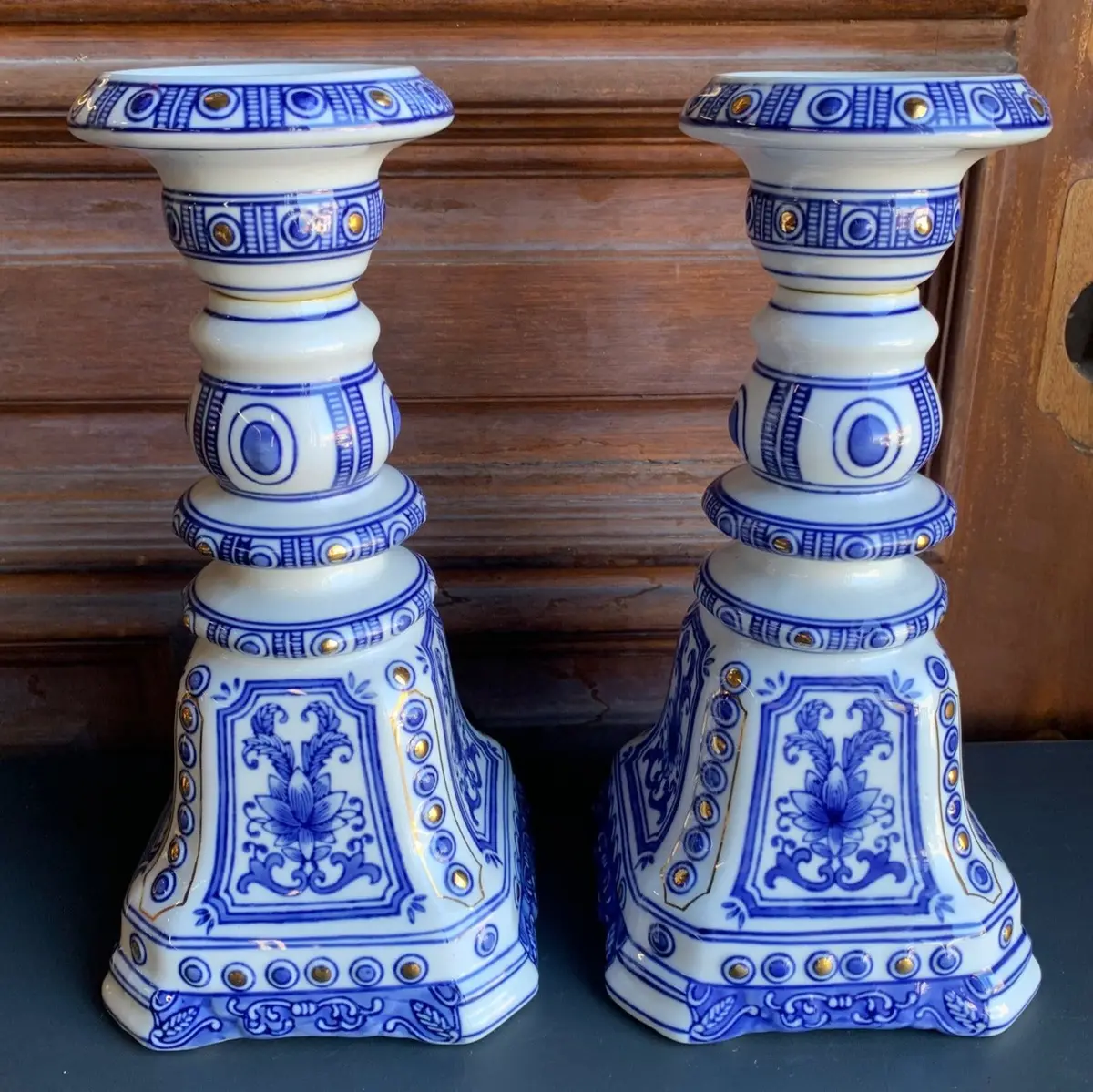Pair Of Large Blue And White Candle Stands - Not Old 1