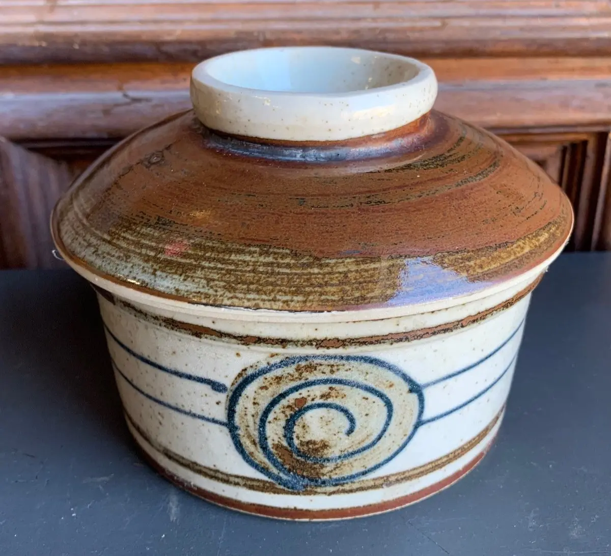 Pottery Dish With Blue Stripes And Rice Bowl Lid 1