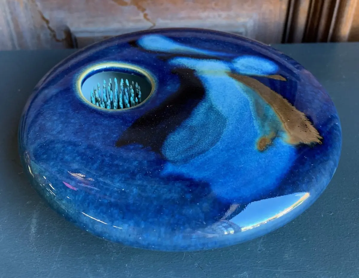 Glazed Blue Pottery Floral Frog - Signed 1