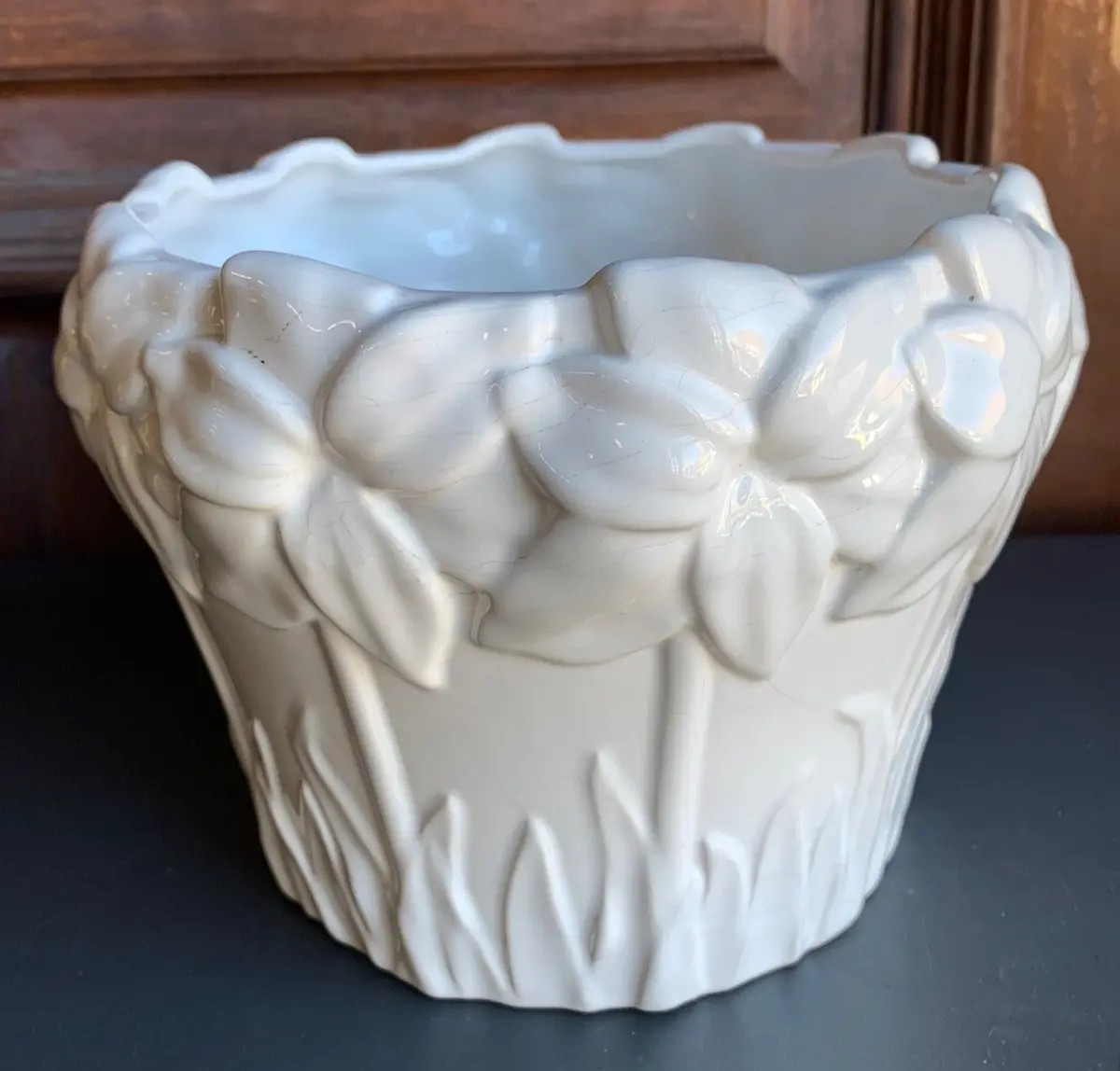 Portuguese White Glazed Floral Relief Pot 1