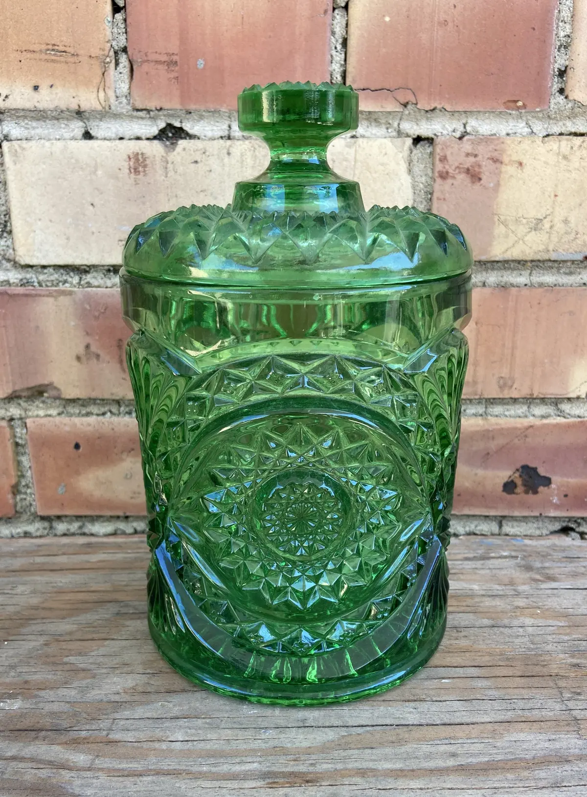 Large Green Pressed Glass Jar 1