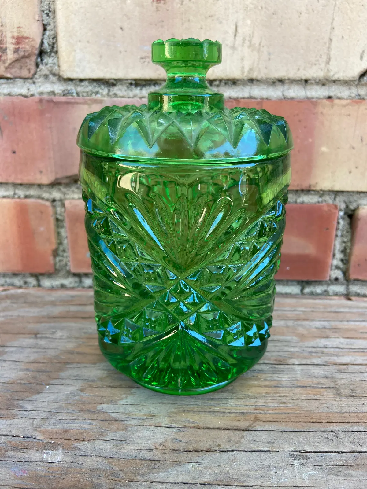 Green Pressed Glass Jar 1