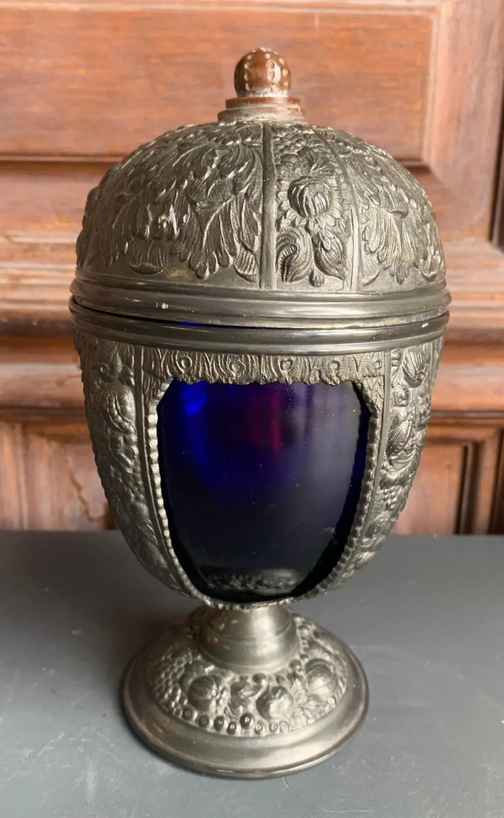 Footed Cobalt Glass And Spelter Lidded Container 1