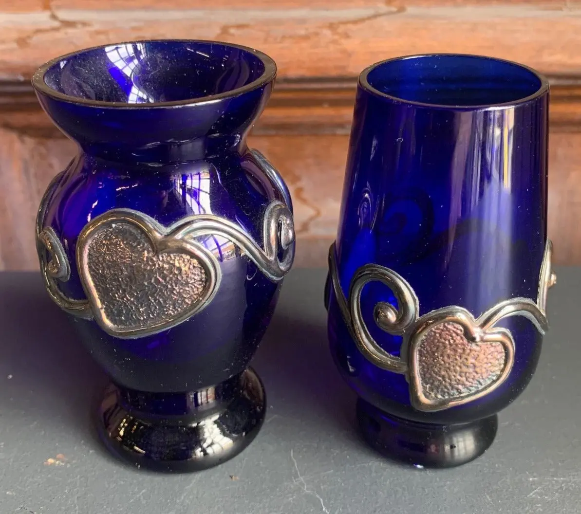 Pair Of Mini Cobalt Vases With Heart Designs 1