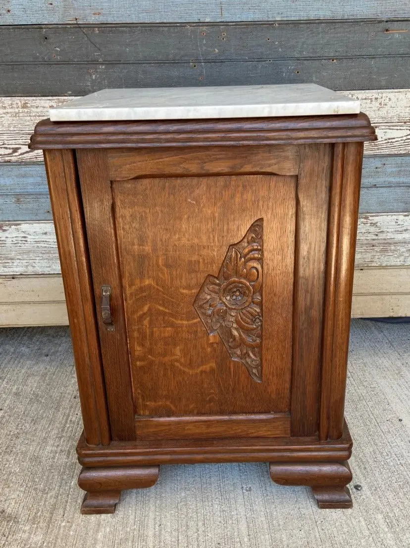 French Deco Oak White Marble Top Night Stand 1