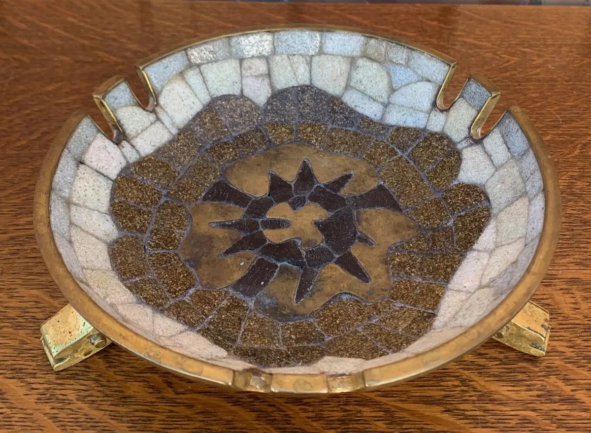 Salvador Teran Mosaic And Brass Mexican Mid Century Modern Ashtray 1