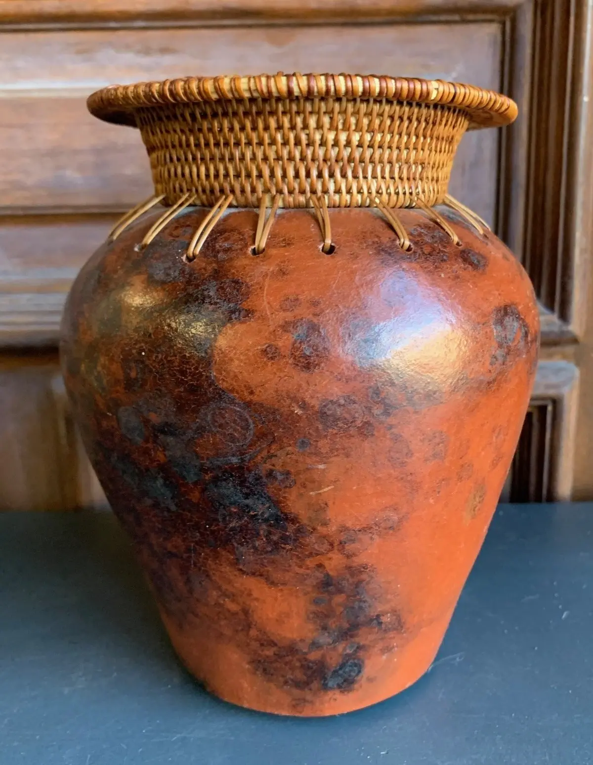 Pottery Vase With Wicker Rim-Not Old 1