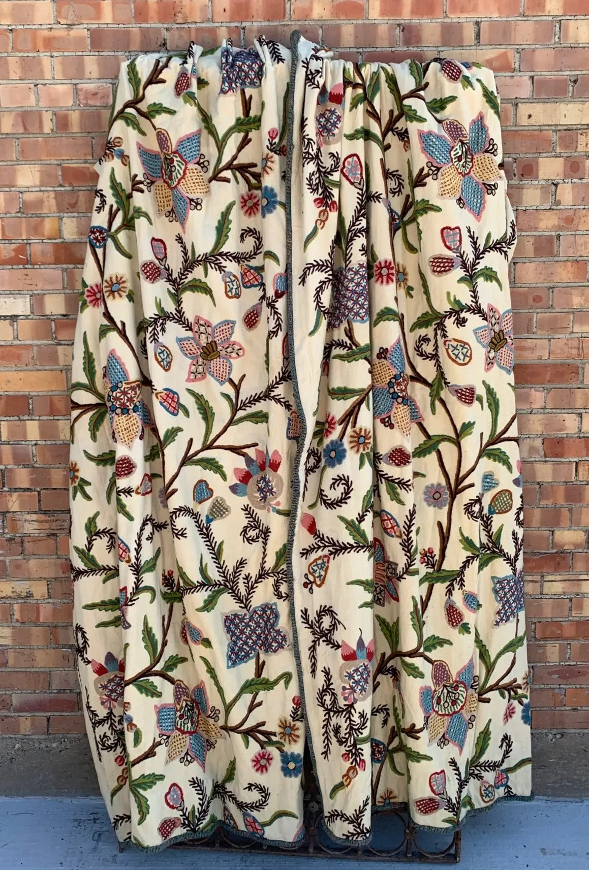Pair Of Crewel Work Curtains 1