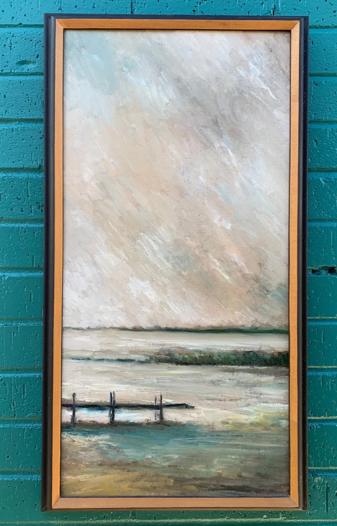 Vertical Vintage Oil Painting Of Dock On Lake On Stormy Day 1