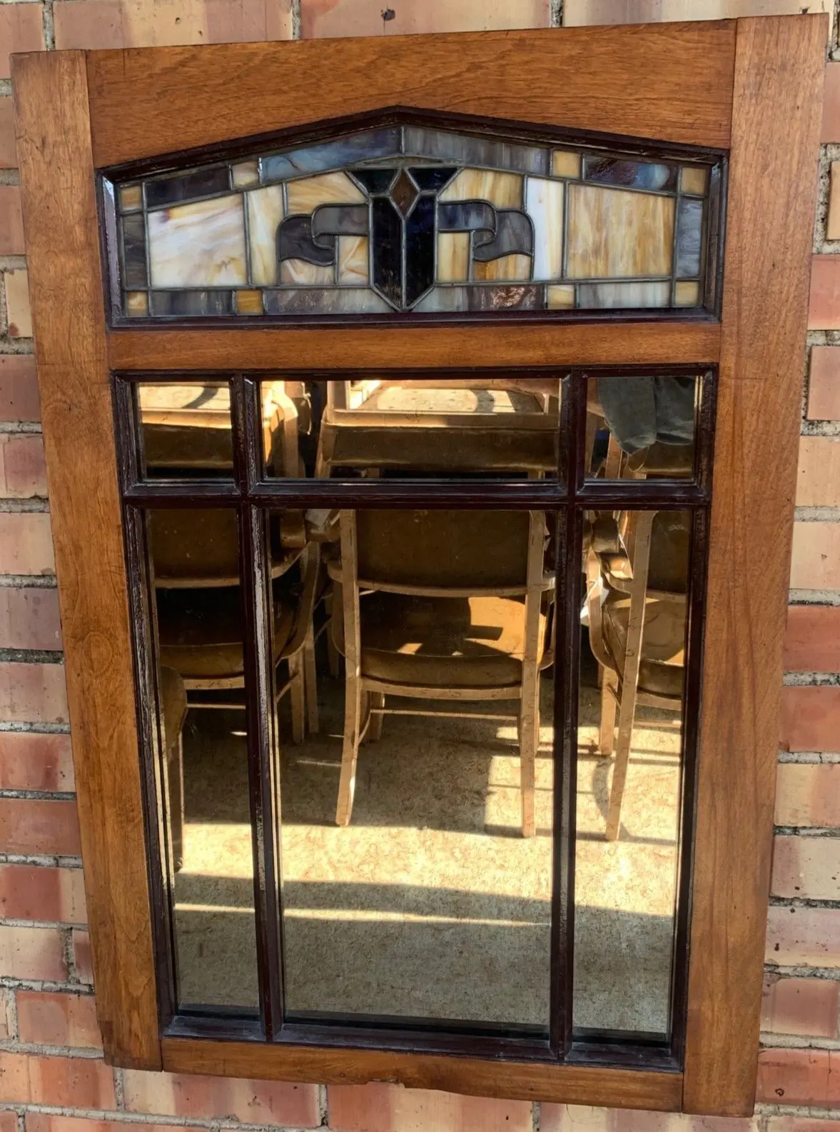Birch Mullioned Wall Mirror With Stained Glass 1