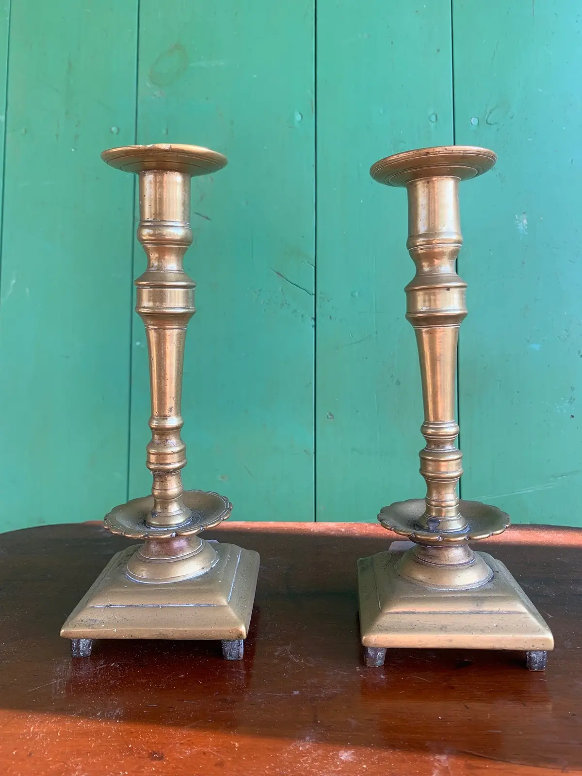 Pair Of Early Brass Candlesticks 1