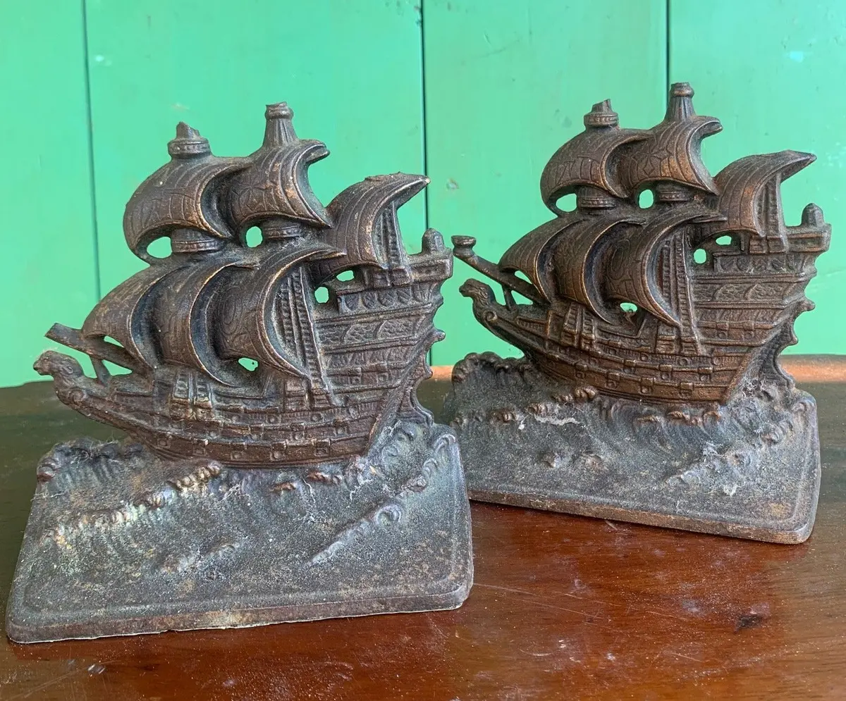 As Is Pair Of Bronze Ship Bookends 1