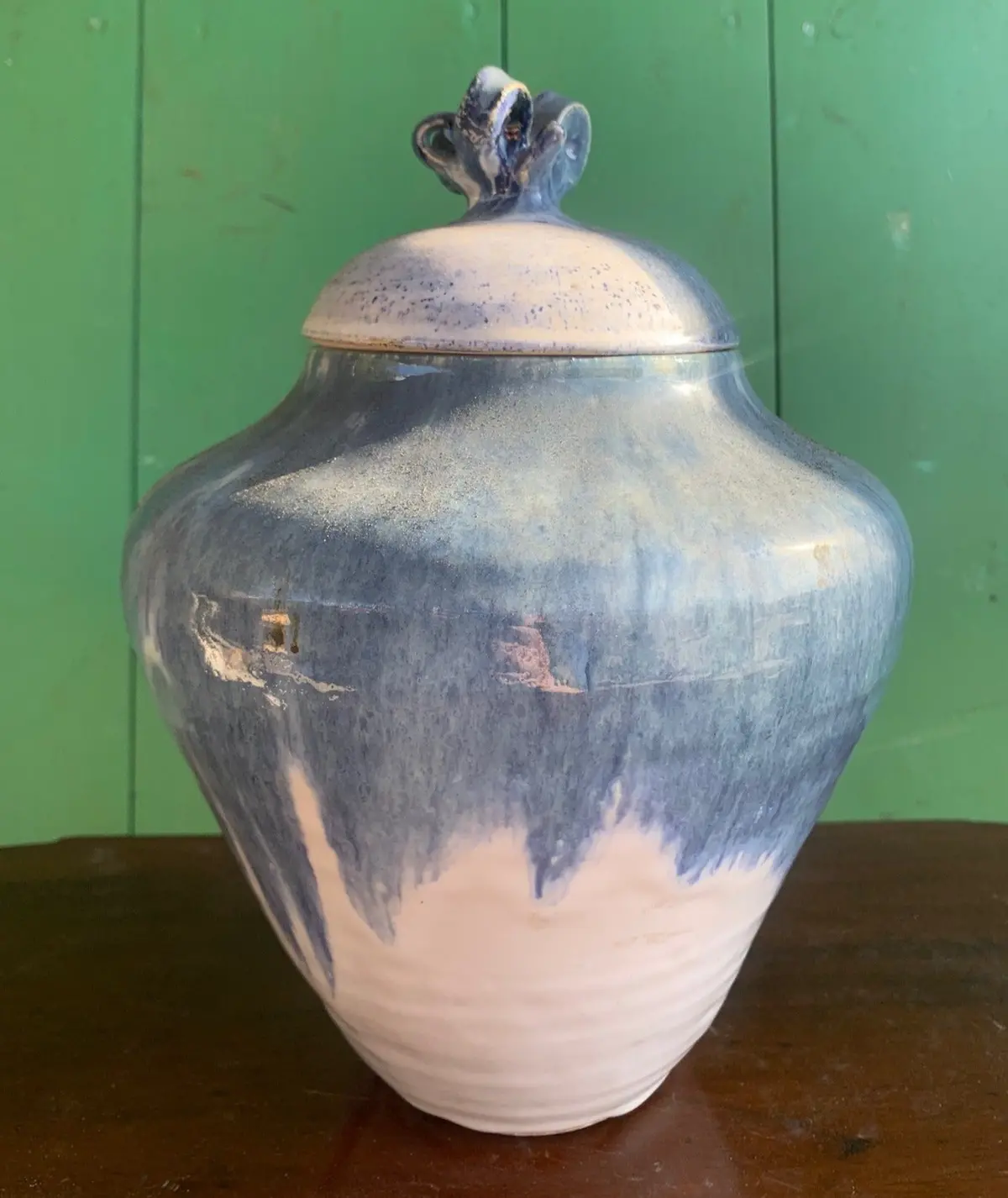 Large Lidded Blue And White Pottery Jar 1