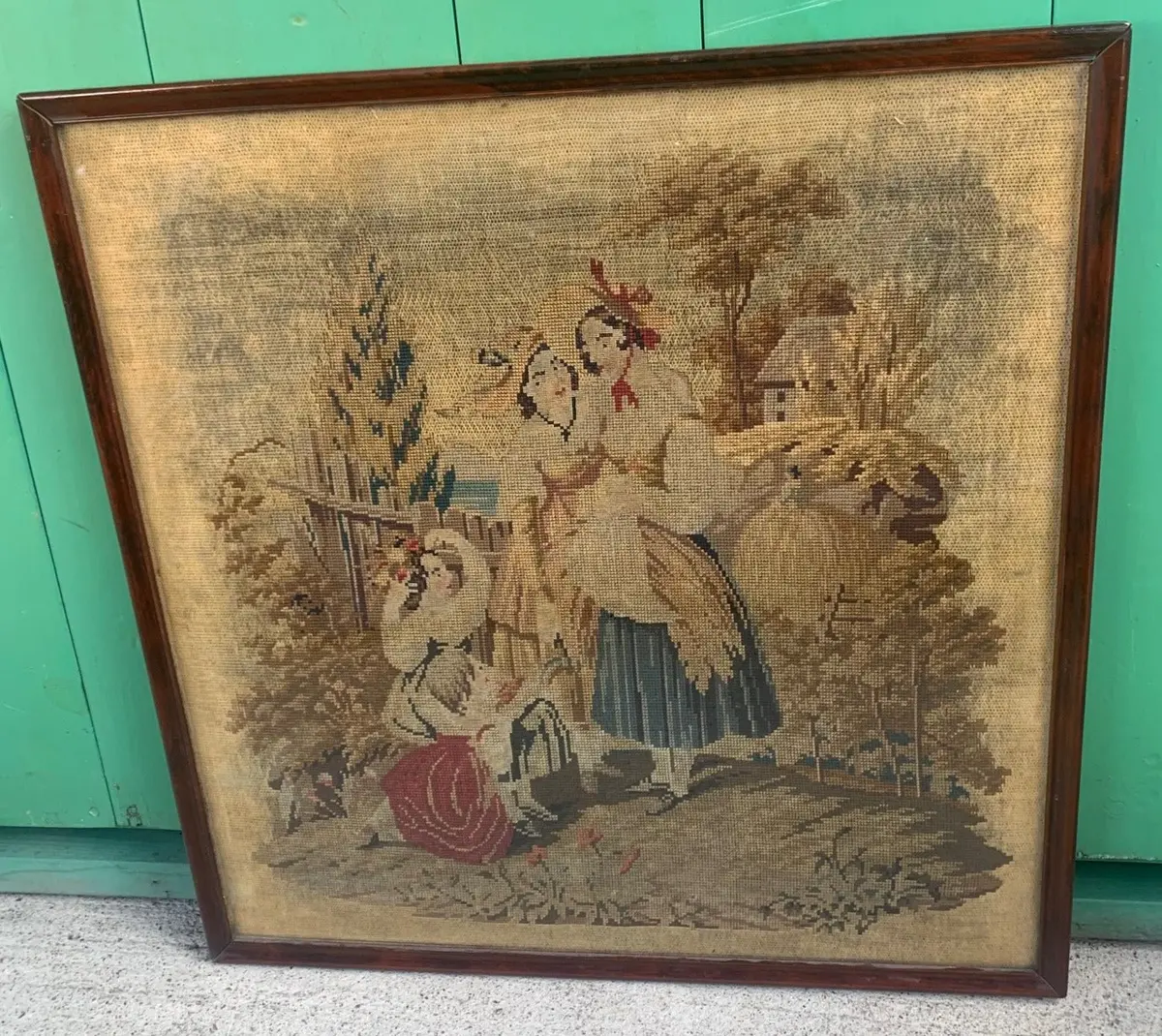 Framed Late 19Th Century Needlepoint Of Women And Children 1