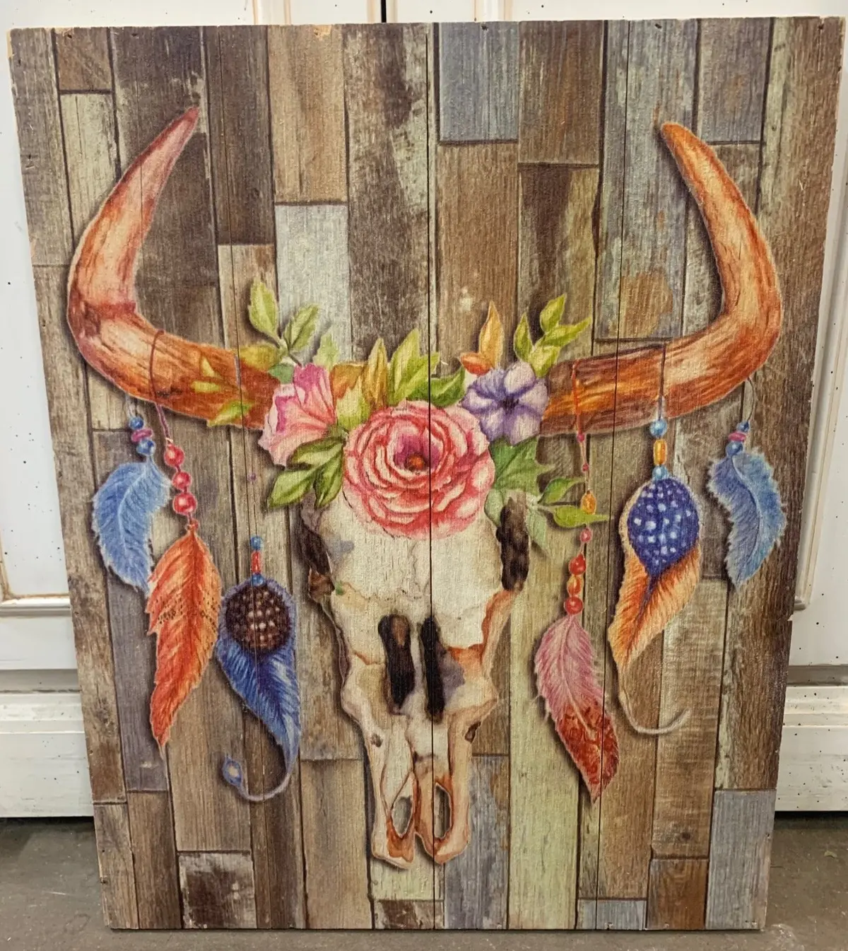 Not Old Print On Wood Of Cow Skull With Feathers 1