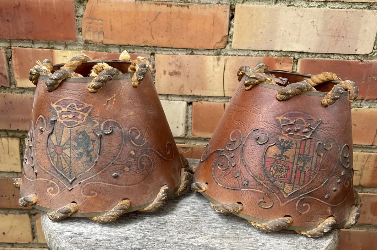 Pair Of Small Leather And Rope Lampshades 1
