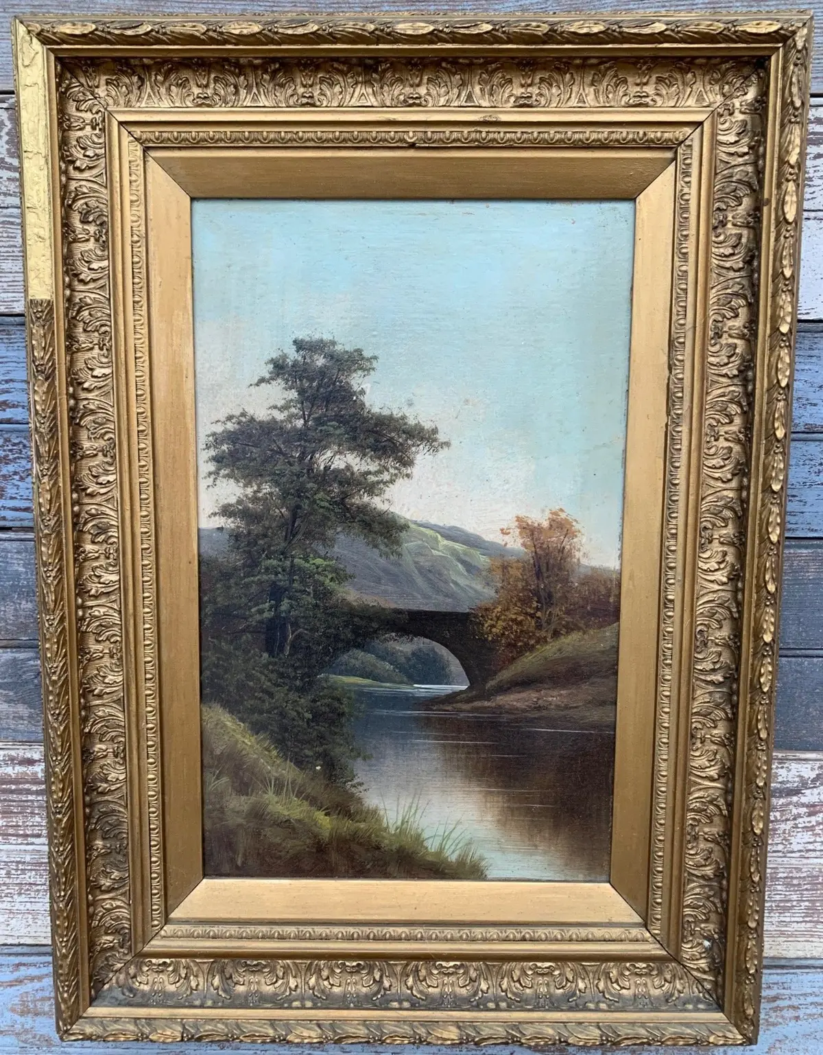 Small Vertical Oil Painting Of Bridge In Gold Frame 1
