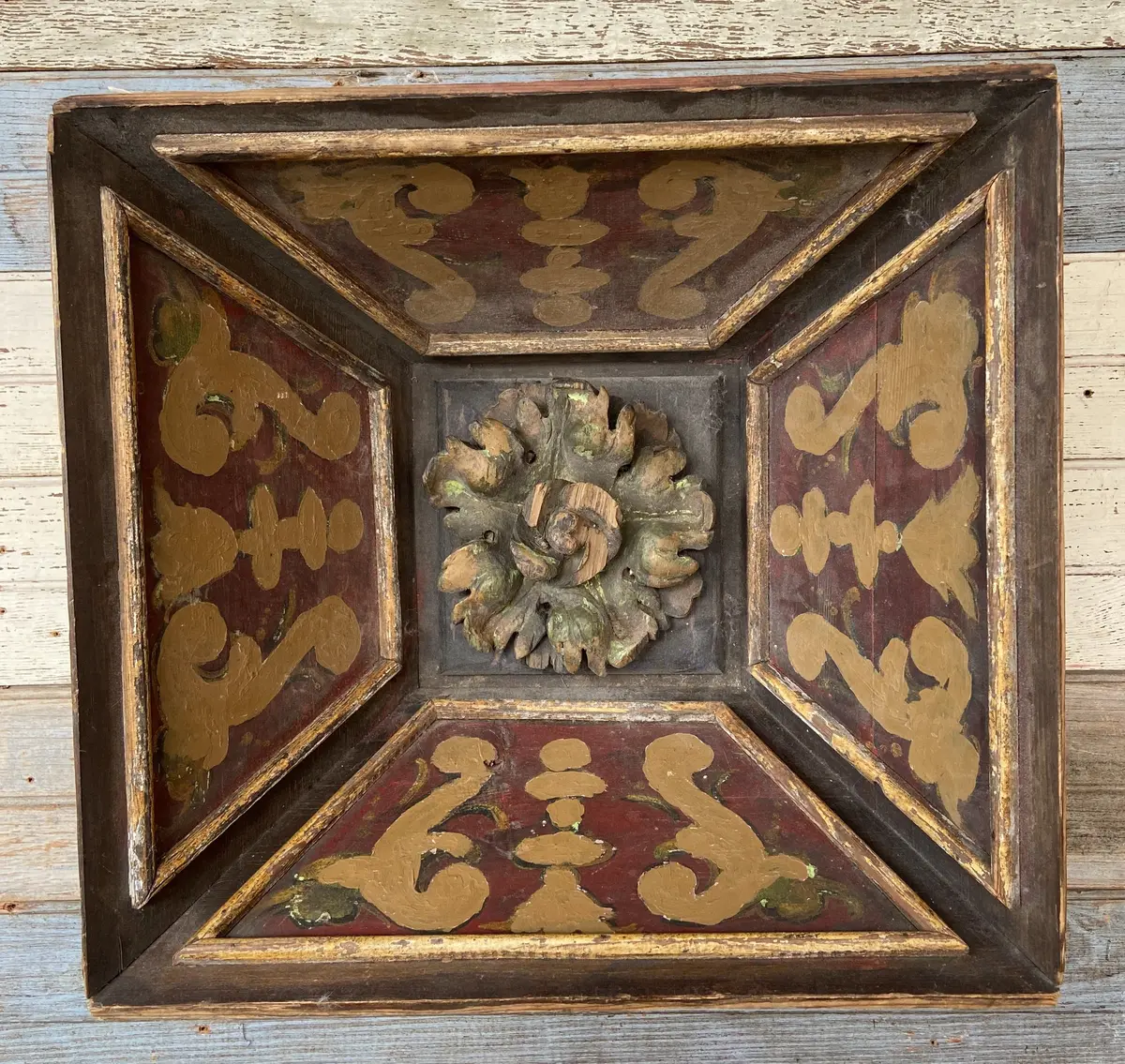 Red And Gold Painted Carved Recessed Flared Architectural Hanging 1