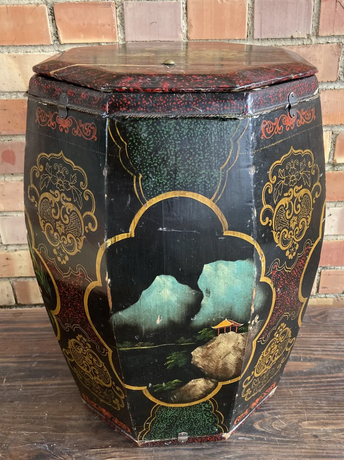 Octagonal Painted Tall Lidded Asian Wooden Box - As Is 1