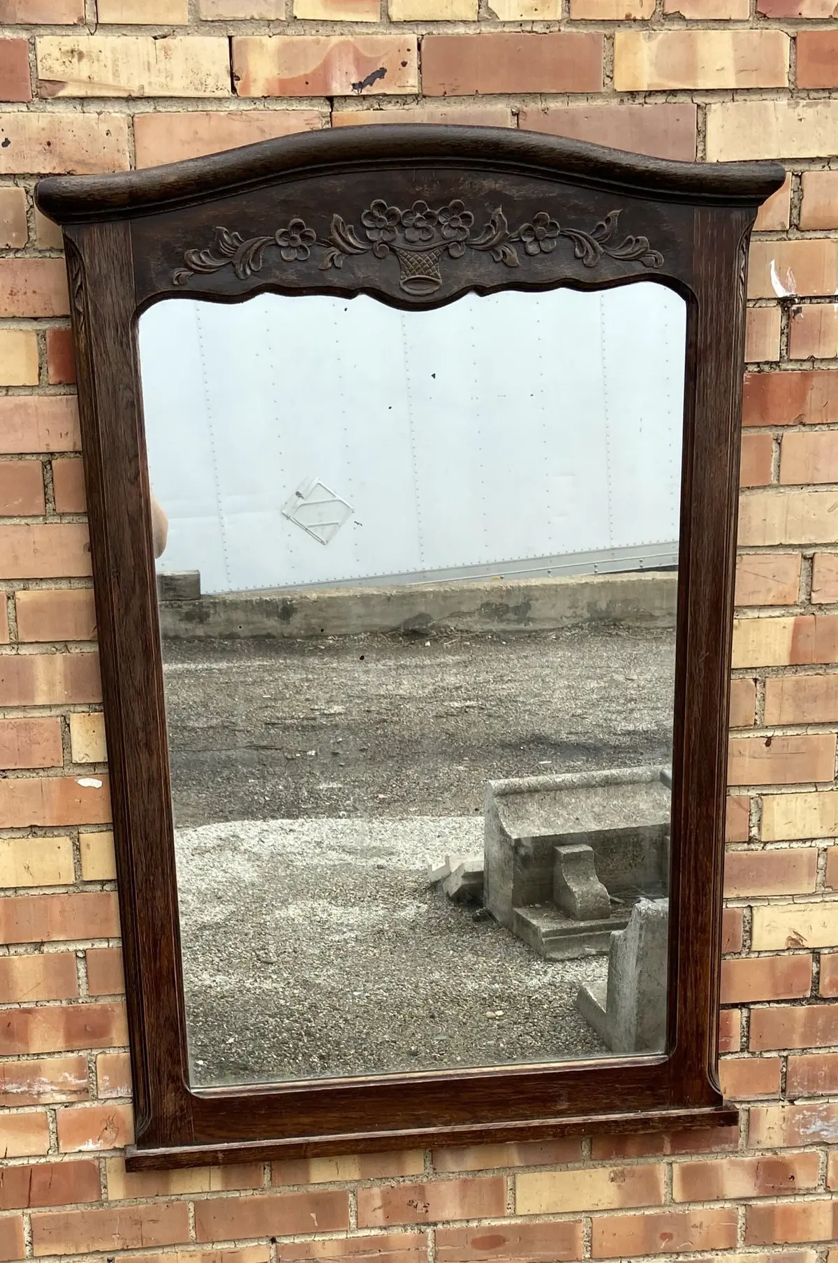 French Arched Elmed Carved Basket Of Flowers Vertical Mirror 1