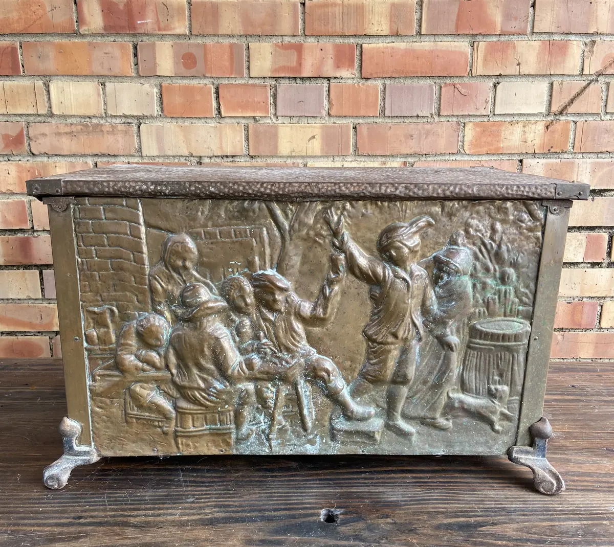 Hammered Handled Brass Coal Hod With Relief Of People 1