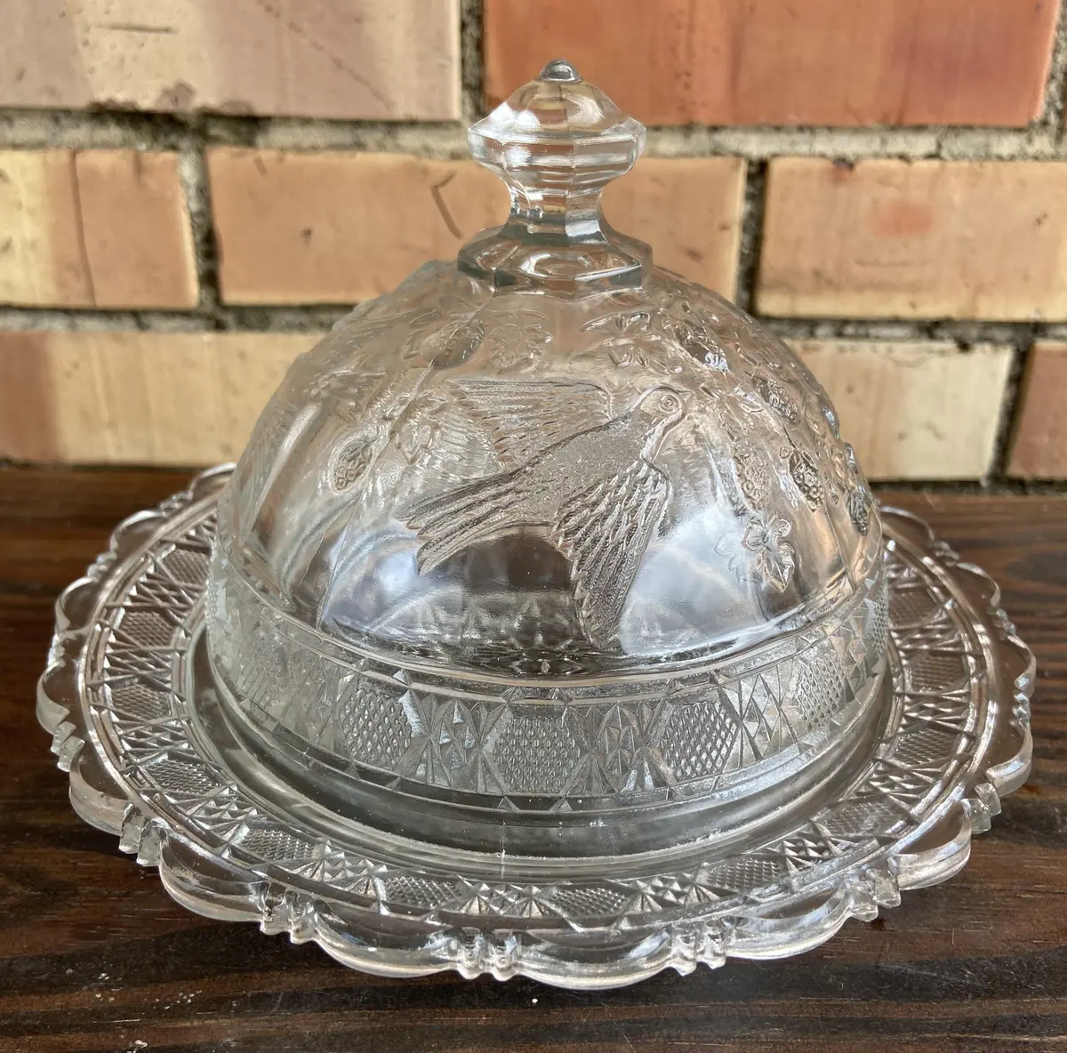 Pattern Glass Butter Dish With Birds 1