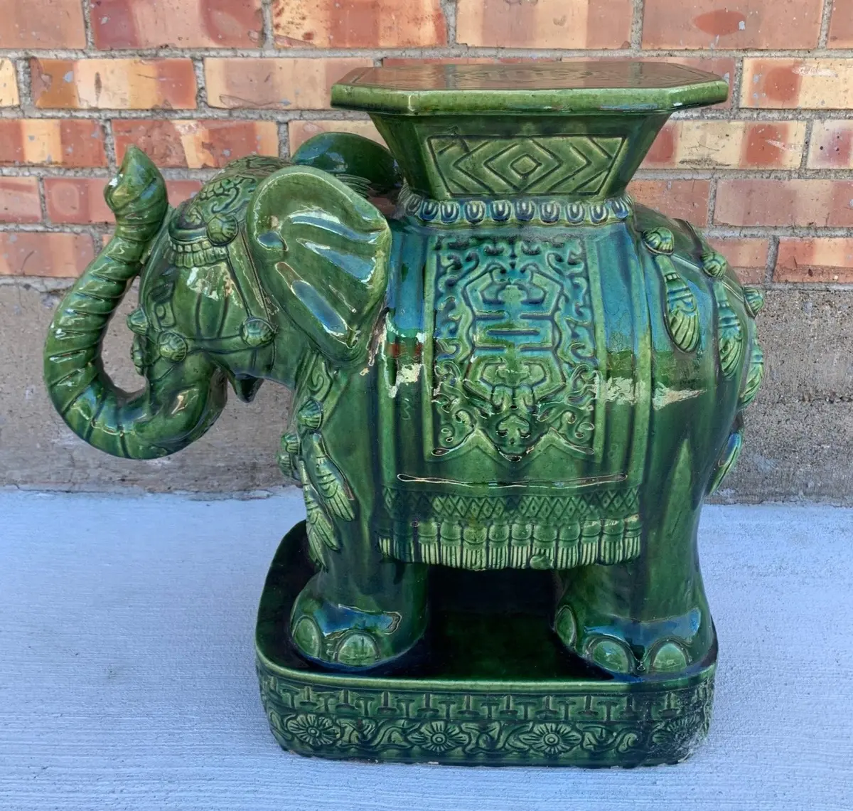 Green Glazed Elephant Pottery Garden Stool 1