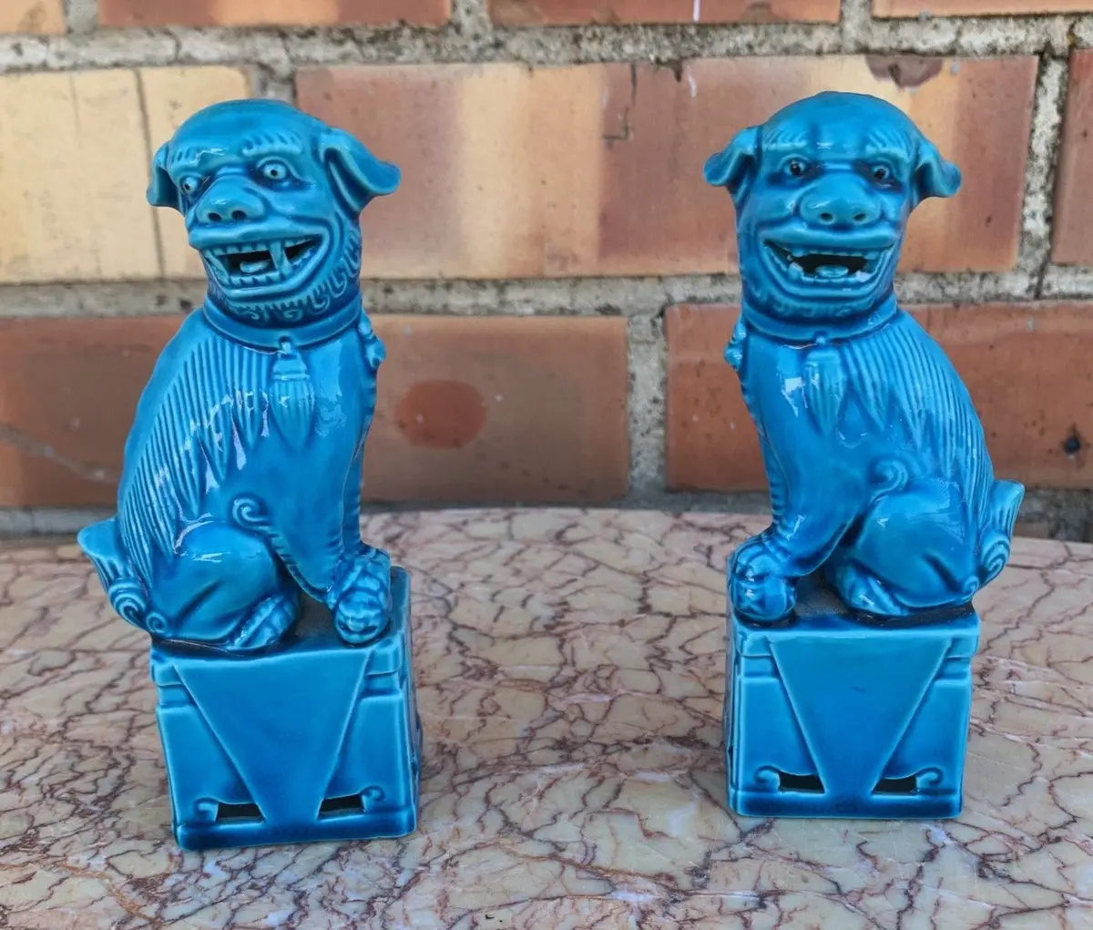 Pair Of Turquoise Small Foo Dogs - As Found 1