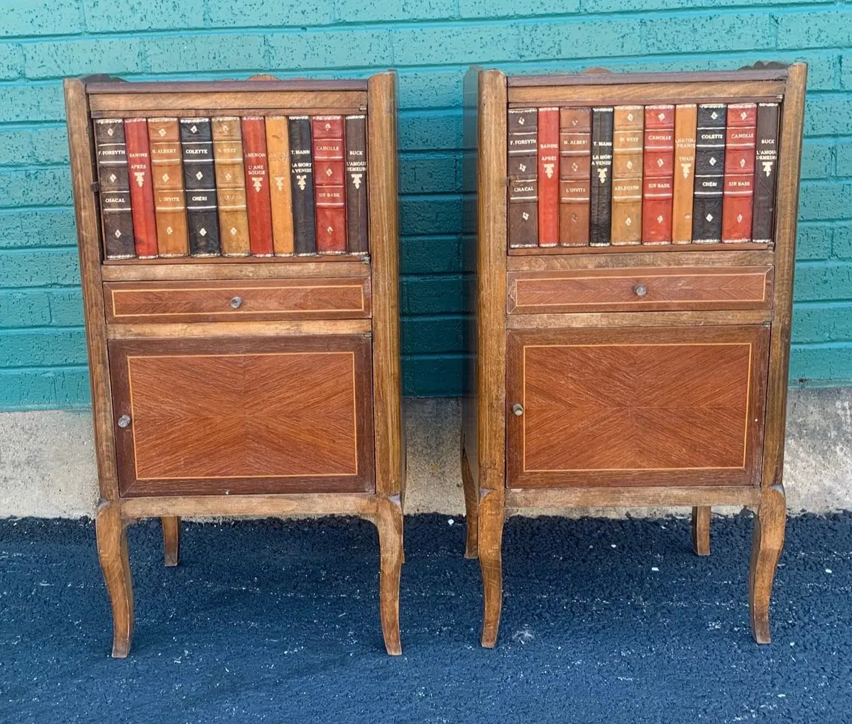 Pair Of Italian Nightstands With Leather Faux Books 1