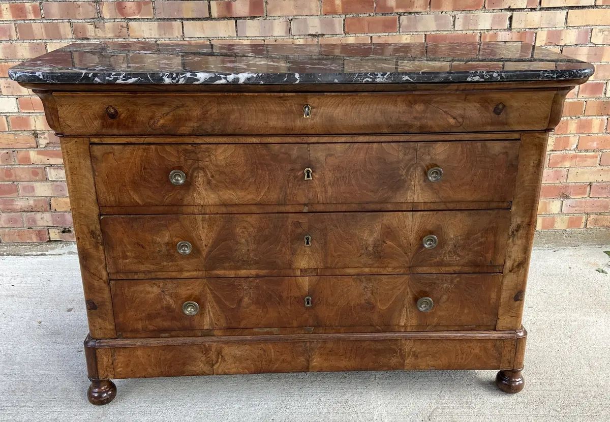 Louis Philippe Marble Top Walnut Commode-Repaired Marble - Repaired Marble 1