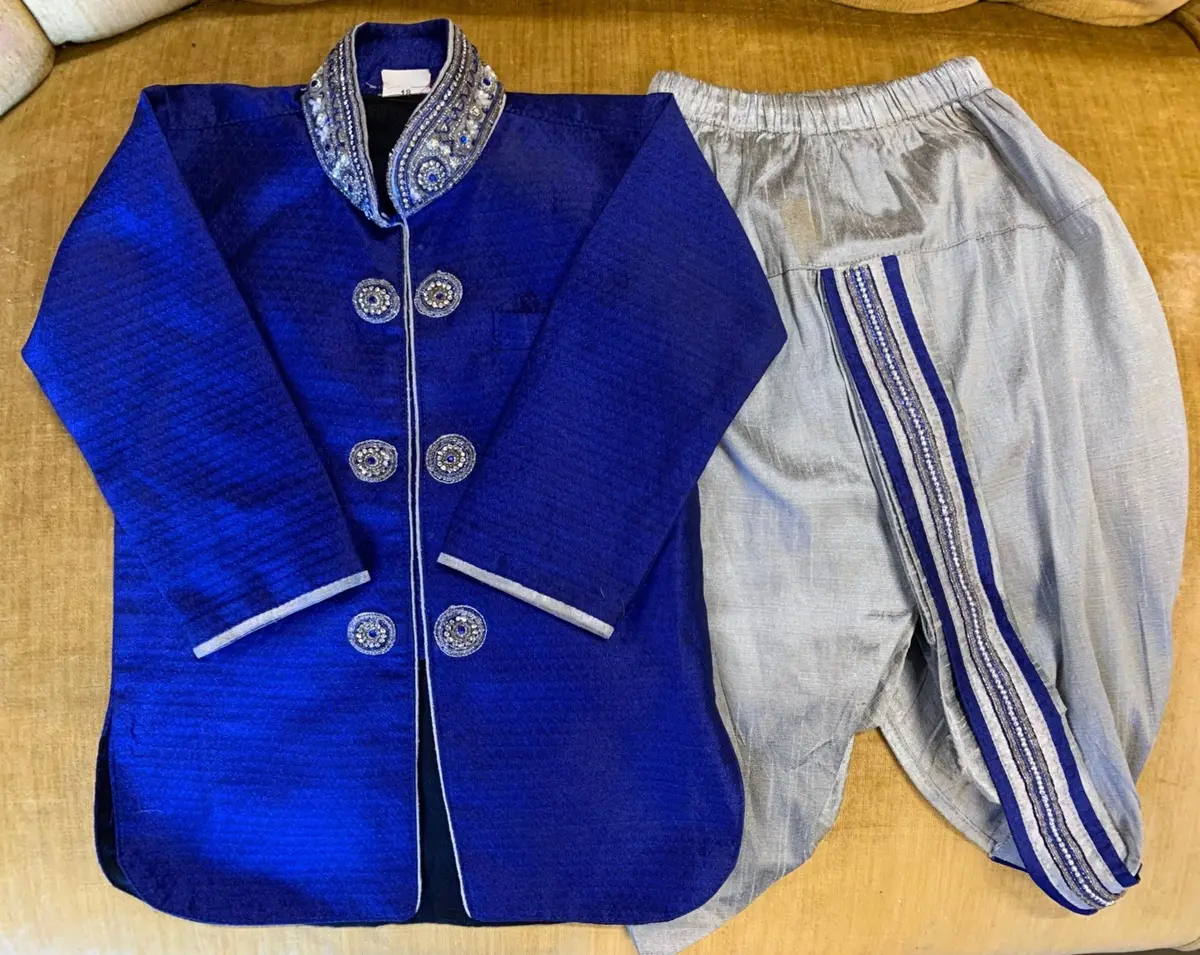 Child's Ornate Silk Blue Jacket And Trousers - As Found 1